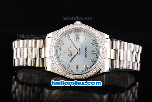 Rolex Day Date II Automatic Movement Full Steel with Diamond Bezel-Diamond Markers and Light Blue Dial - Click Image to Close